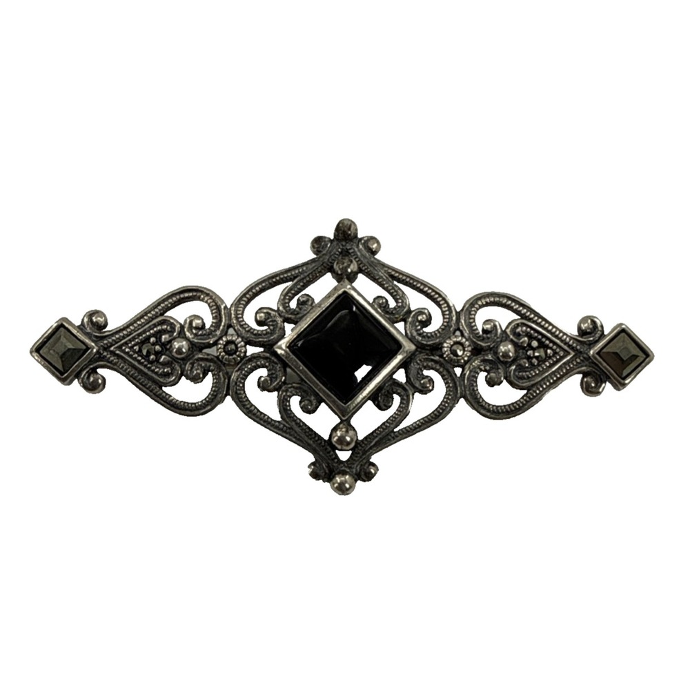 Vintage Sterling Silver Filigree Brooch Black Stone Art Deco